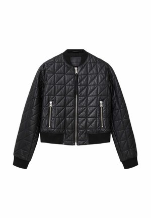 Giubbotto bomber imbottito nero in pelle, dotato di zip frontale, due tasche con zip e polsini e orlo a costine.