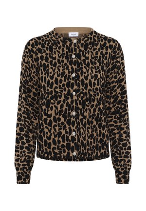 Brūnas un melnas leoparda raksta garām piedurknēm džemperis ar apaļu kakla izgriezumu un dekoratīvām sudraba ziedu formas pogām priekšpusē.