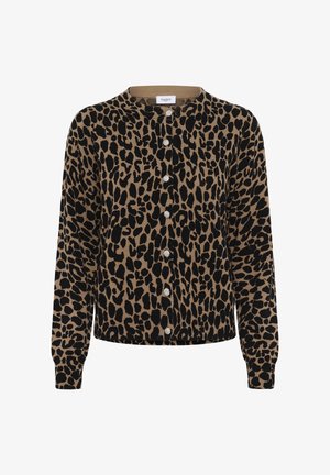 Barna és fekete leopárdmintás hosszú ujjú kardigán, kerek nyakkivágással és dekoratív ezüst színű, virág alakú gombokkal az elején.