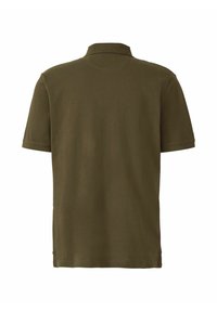 Olivgrünes Polohemd aus strukturiertem Baumwollstoff. Verfügt über einen umgeschlagenen Kragen und kurze Ärmel mit geradem Saum. Einfaches, lässiges Design.