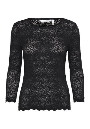 Top negru din dantelă cu mâneci lungi, model floral în spirală, decolteu rotund, margine în formă de val și textură transparentă. Eticheta de mărime este vizibilă.