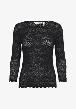 Top negru din dantelă cu mâneci lungi, model floral în spirală, decolteu rotund, margine în formă de val și textură transparentă. Eticheta de mărime este vizibilă.