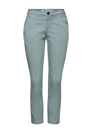 Pantalones azul claro de corte ajustado con bolsillos delanteros, cierre de botones y presillas para cinturón, mostrados sobre un fondo blanco.