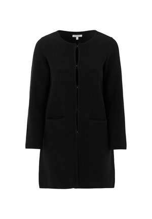 Sort langærmet cardigan med åben front, rund halsudskæring og to forlommer, der rækker til midt på låret.