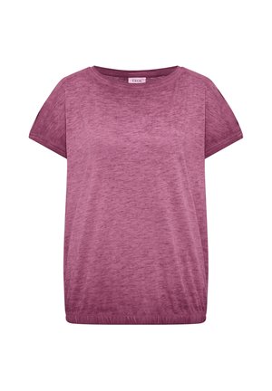 Chemise en coton mauve-rose à manches courtes et col rond, avec une texture légèrement froissée et un ourlet élastique, marquée "CECIL" sur l'étiquette du col.