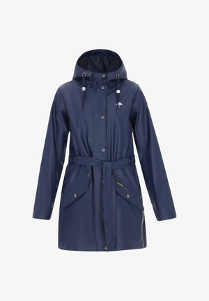 Námořnický waterproof deštník s kapucí, páskem v pase, druky na zapínání, dvěma předními kapsami a drobným logem na hrudi.