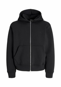 Sort zip-up hoodie lavet af en bomuldsblanding, med snoretræk i hætten, frontlommer og ribbede manchetter. Glat tekstur med sølvfarvet lynlås.