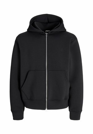 Black zip-up hoodie made of cotton blend, featuring a drawstring hood, front pockets, and ribbed cuffs. Smooth texture with silver zipper.