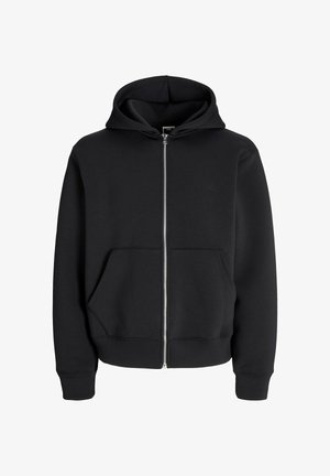 Sudadera con cremallera negra hecha de una mezcla de algodón, que cuenta con capucha ajustable, bolsillos delanteros y puños de canalé. Textura suave con cremallera plateada.