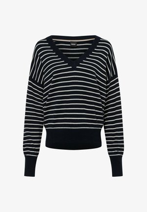 Gestreifter Pullover in Marineblau und Weiß mit V-Ausschnitt, langen Ärmeln und geripptem Saum. Weicher Strickstoff mit lockerer Passform und überschnittenen Schultern.