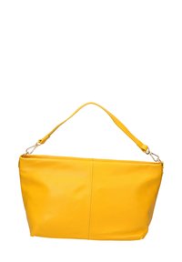 Borsa a tracolla in pelle gialla con una texture liscia. Presenta una chiusura con zip, un manico piatto singolo e una forma rettangolare semplice.