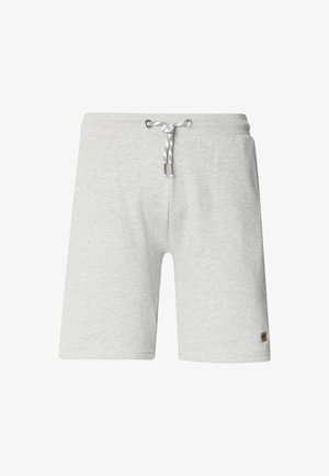 Grå bomuldsshorts med elastisk talje, snøre og metalspidser; har en lille mærkevarelogo på den nederste side.