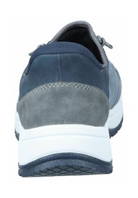 Blue and gray sneaker with a textured suede and leather upper, cushioned white midsole, and rubber outsole with a patterned tread.