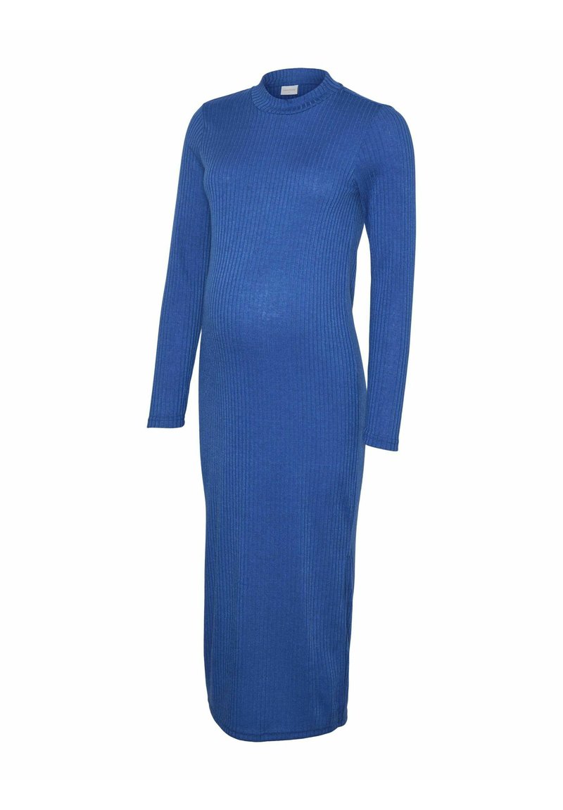 Vestido de maternidad de manga larga y con canalé en un vibrante azul. Presenta un cuello alto y un diseño ajustado al cuerpo, con una silueta recta hasta el tobillo.