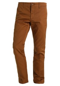 Bruine katoenen broeken met een rechte pijpdesign, voorzien van een knoopsluiting en standaardzakken, een gladde textuur en geen zichtbare patronen.