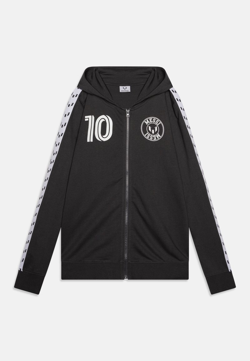 Sweat à capuche noir zippé avec le "10" blanc et le logo circulaire "Messi" sur la poitrine, bandes blanches avec logos noirs le long des manches.