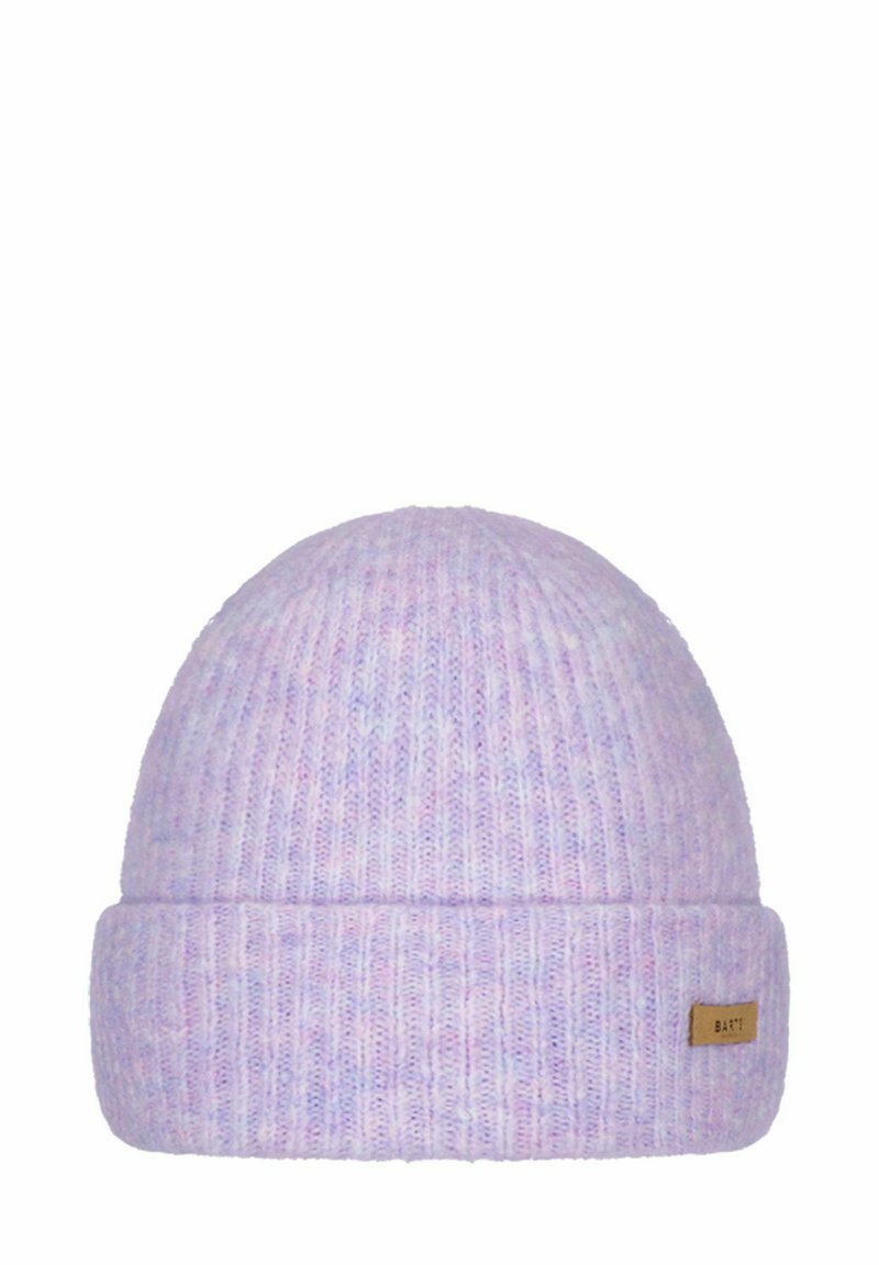 Gorro de punto en púrpura claro con un borde doblado. Presenta una textura acanalada y una pequeña etiqueta de cuero marrón con el nombre de la marca.