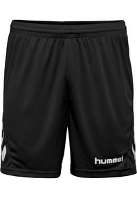 Zwarte sportshorts van lichtgewicht, gladde stof. Voorzien van een elastische tailleband en een wit logo op de rechterbenedenhoek.