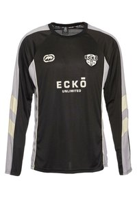 Langermet svart jersey med grå detaljer, med rund hals, ECKŌ UNLIMITED-logo, og kontrasterende skulderstriper. Lett stoff.