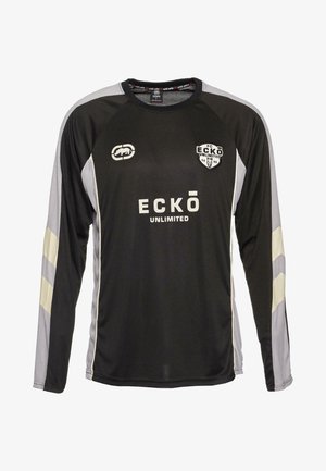 Černá mikina s dlouhým rukávem a šedými akcenty, s kulatým výstřihem, logem ECKŌ UNLIMITED a kontrastními pruhy na ramenou. Lehce textilní materiál.