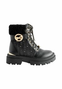 Melni potīšu zābaki ar mākslīgo šahtēnu, lace-up dizainu, zelta akcentiem, rakstainām sāniem, masīvu zoli un dekoratīviem loku elementiem.