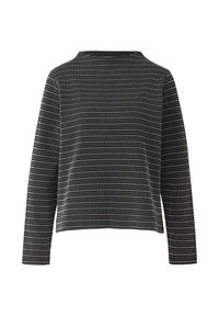 Czarno-biała bluzka na długi rękaw z geometrycznym wzorem, z zaokrąglonym dekoltem i prostym dołem, wykonana z teksturowanego materiału.