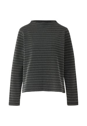 Czarno-biała bluzka na długi rękaw z geometrycznym wzorem, z zaokrąglonym dekoltem i prostym dołem, wykonana z teksturowanego materiału.