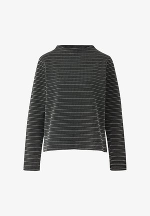 Haut à manches longues noir et blanc avec un motif géométrique, présentant un col arrondi et un ourlet droit, fabriqué dans un tissu texturé.