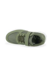 Green athletic shoe with mesh upper, lace-up front, and a strap across the midfoot. White rubber sole and padded collar.