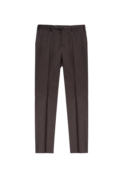Braune, maßgeschneiderte Hose aus einem strukturierten Stoff. Sie hat einen geraden Schnitt, Bundfalten und einen Knopfverschluss am Taillenbund.