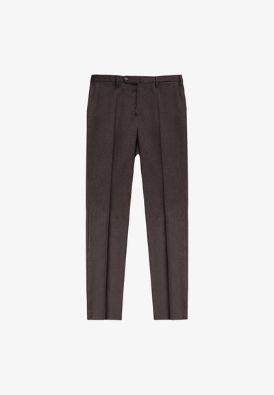 Braune, maßgeschneiderte Hose aus einem strukturierten Stoff. Sie hat einen geraden Schnitt, Bundfalten und einen Knopfverschluss am Taillenbund.