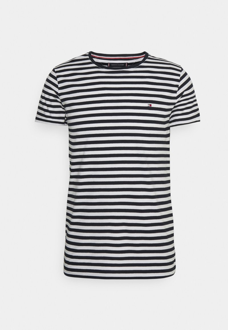 T-shirt de manga curta para homem com riscas horizontais pretas e brancas, gola redonda, feito em algodão, com um pequeno logotipo bordado no peito.