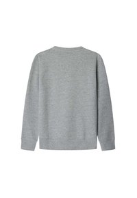 Felpa grigia, realizzata in tessuto morbido, presenta un collo girocollo, maniche lunghe e polsini e orlo a coste, con un design semplice e senza motivi.