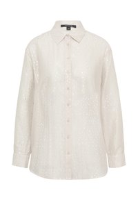 Button-up blouse in light cream fabric with a subtle sheen, featuring a collar, long sleeves, and a patterned texture of small vertical dots.