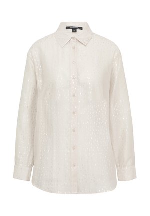Camicia abbottonata in tessuto crema chiaro con una leggera lucentezza, dotata di colletto, maniche lunghe e una texture a motivo di piccoli punti verticali.