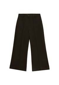 Pantalones de pierna ancha en tejido marrón oscuro, con cierre de botón, dos bolsillos frontales y pliegues pronunciados para mayor textura.