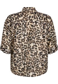 Chemise imprimée léopard dans des tons beige et noir, avec un col classique, des manches retroussées et une coupe décontractée avec un détail de empiècement au dos.