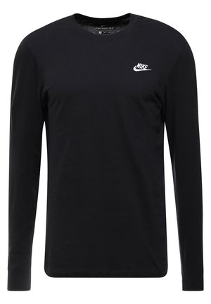 T-shirt Nike noir à manches longues avec col rond et petit logo Nike blanc sur la poitrine gauche.