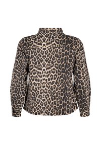 Camisa de estampado de leopardo, de mangas largas, con cuello, en tonos de beige y negro, que presenta una tela texturizada con un patrón único.