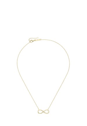 Goldene Halskette mit einem Anhänger in Form des Unendlichkeitssymbols. Zartes Kettendesign, glatte Textur und verstellbare Länge mit einem Karabinerverschluss.