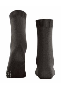 Un paio di calze di lana grigie scure viste dal tallone e dal retro, con polsini a coste e una trama di maglia senza cuciture ben visibili.