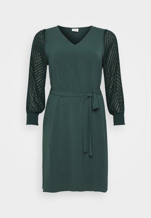 Abito verde scuro con scollo a V e vita cinchata. Le maniche lunghe presentano una rete testurizzata con motivo a chevron. Tessuto morbido, lunghezza al ginocchio.