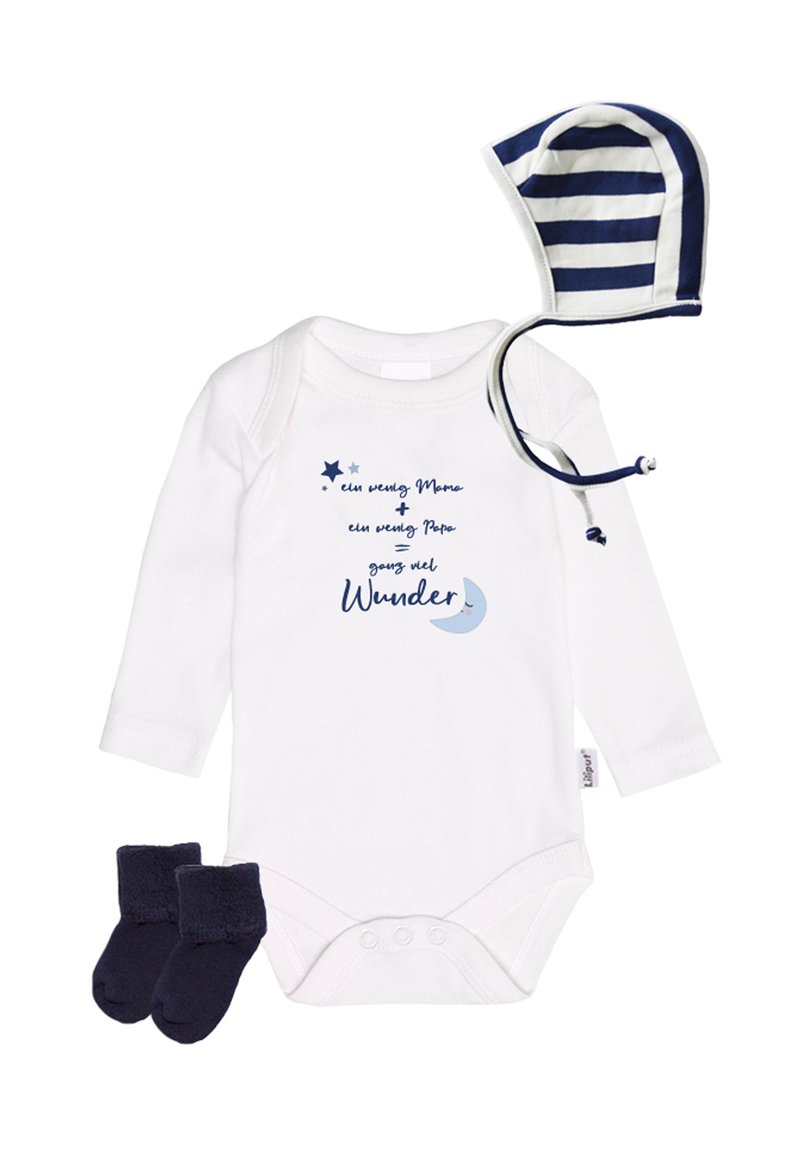 Weißer Langarm-Body mit blauer Schrift und Mondgrafik, kombiniert mit einer marineblauen gestreiften Mütze und passenden marineblauen Socken. Aus weichem Baumwollstoff.