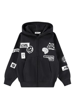 Crna zip-up hoodie s kapuljačom na vezanje, velikim prednjim džepovima i raznim bijelim grafičkim natpisima i dizajnom.