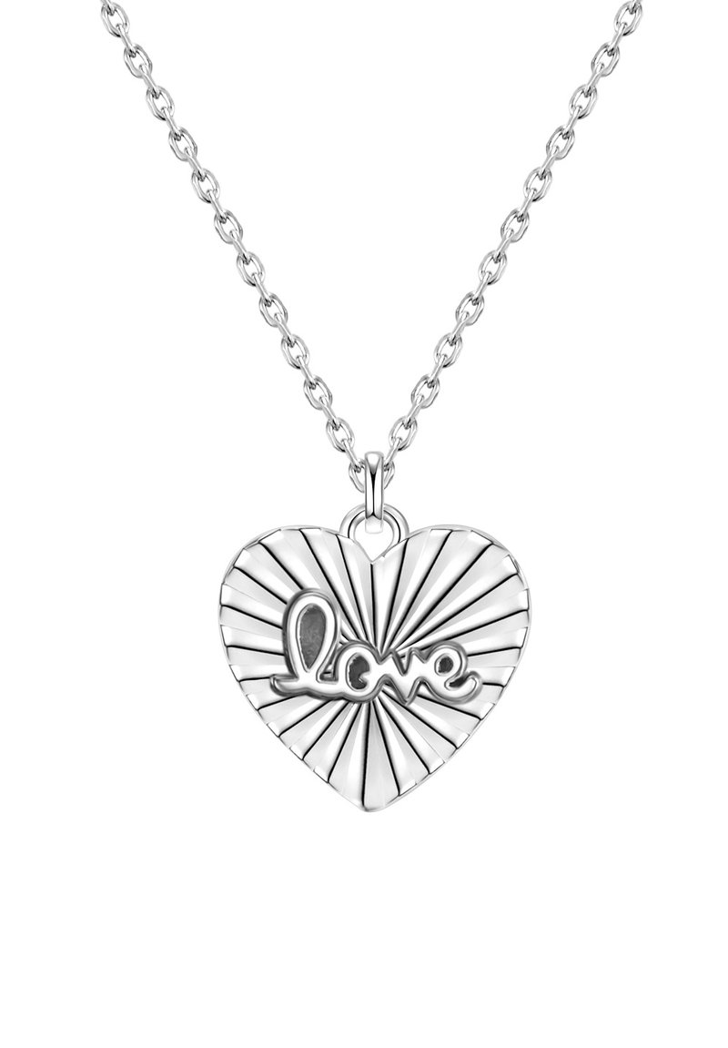 Silbernes Herzanhänger-Halsband mit Sonnenstrahlenmuster und dem Wort "Liebe" in einer geschwungenen Schrift, das an einer Kette hängt.