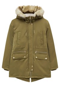 Parka d'hiver vert avec une capuche bordée de fourrure, fermeture éclair à l'avant avec boutons-pression, deux poches zippées et deux poches à rabat avec boutons-pression.