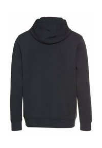 Donkergrijze capuchonhoodie met een gladde textuur, lange mouwen en een eenvoudig ontwerp. De achterkant is eenvoudig met stikselaccenten langs de naden.
