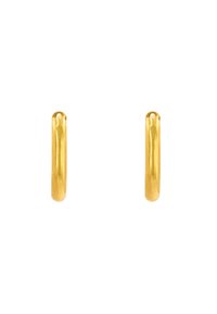 Goldene Creolen mit einer glatten, runden Form und einer polierten Oberfläche. Jede hat einen Durchmesser von etwa 2,5 cm.