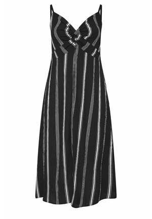 Zwarte jurk met witte verticale strepen, met een gedraaide knoop aan de voorkant, spaghettibandjes en een vloeiende A-lijn silhouet. Gladde textuur.