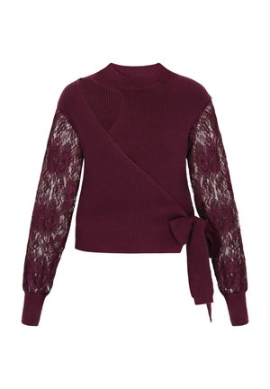 Bordeaux trui met lange kanten mouwen, ribbeltextuur, wikkeldesign en een strik in de taille. Heeft een hoge halslijn en een ingewikkeld kantpatroon.